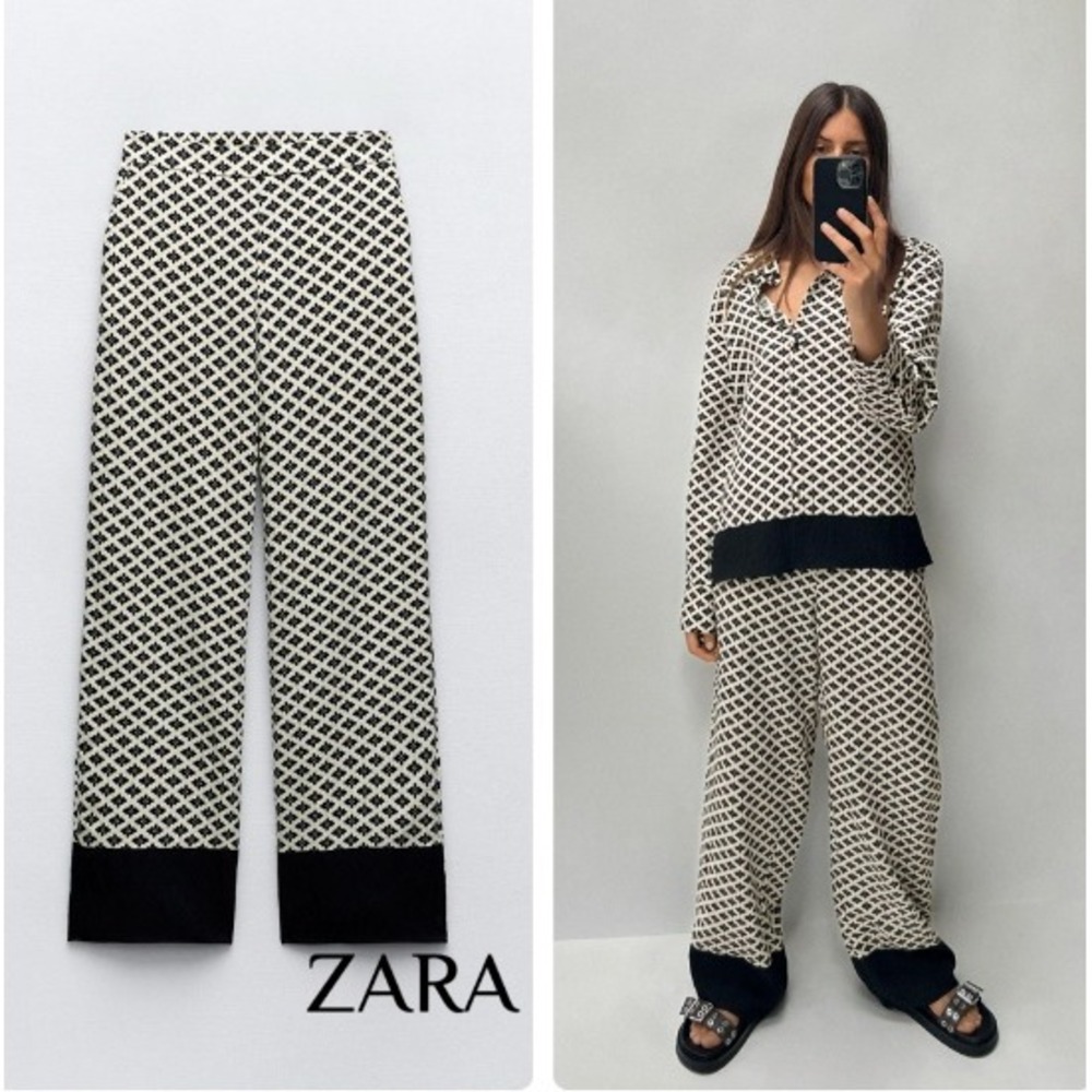 ZARA Geometric Print Wide Leg Pants Black White High Rise Palazzo